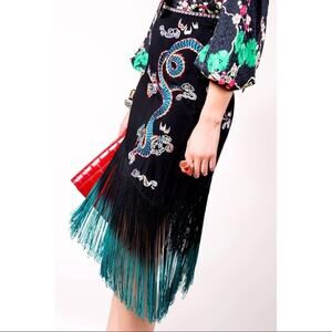 Rixo London Freya Dragon Embroidery Fringe Mini Skirt Black Teal Ombre Large